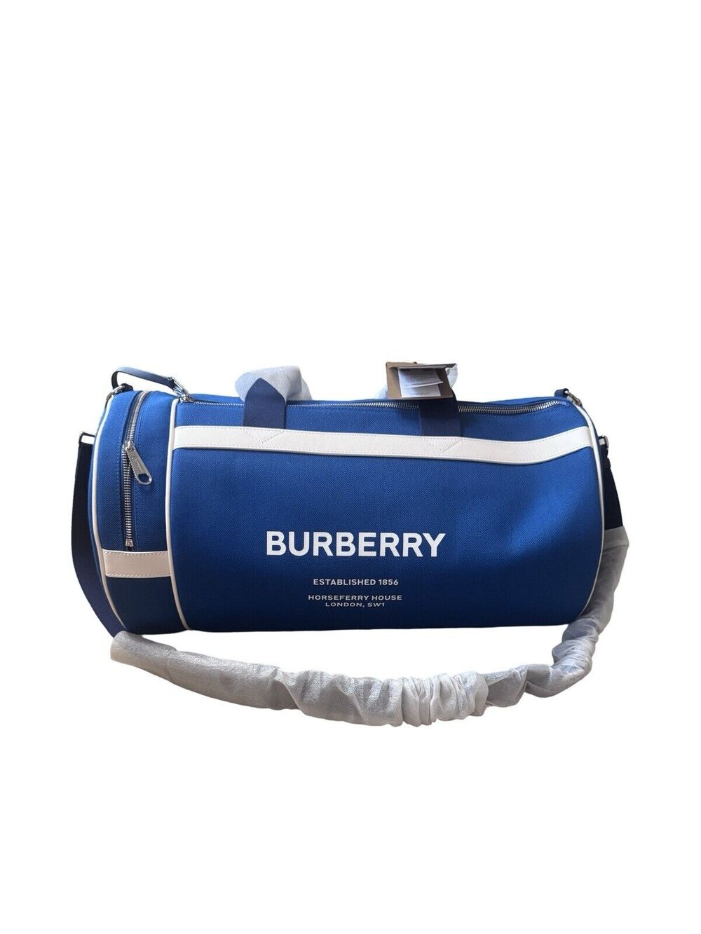 Burberry Kennedy Duffle Bag Damson Blue Nylon Leather Trim NWT $2200